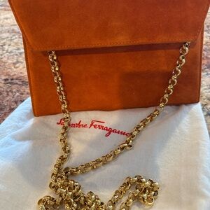 Authentic Salvatore Ferragamo Orange Suede Clutch with Gold Chain